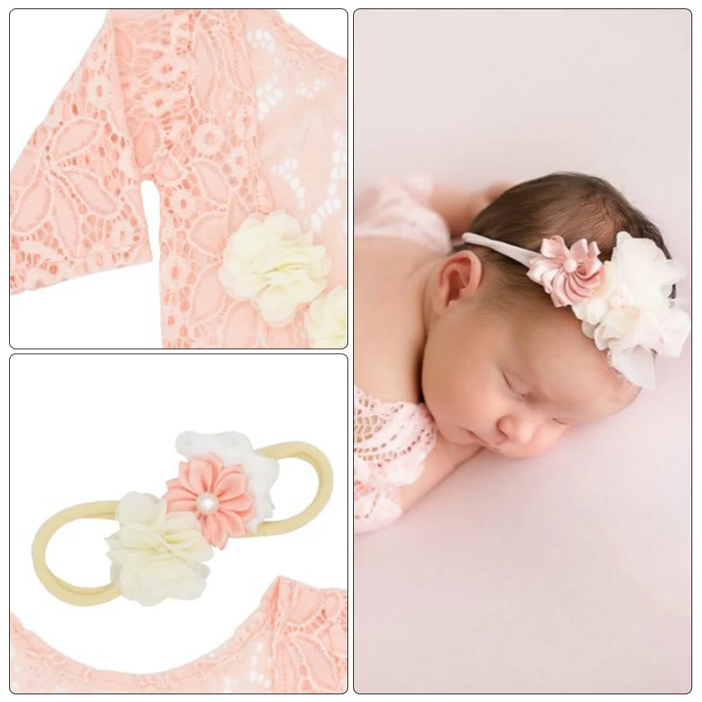 ثوب فضفاض من الدانتيل للأطفال حديثي الولادة، فستان وردي اللون، ملابس للتصوير الفوتوغرافي اللامع، رومبير ناعم ومريح وعصابة رأس #4