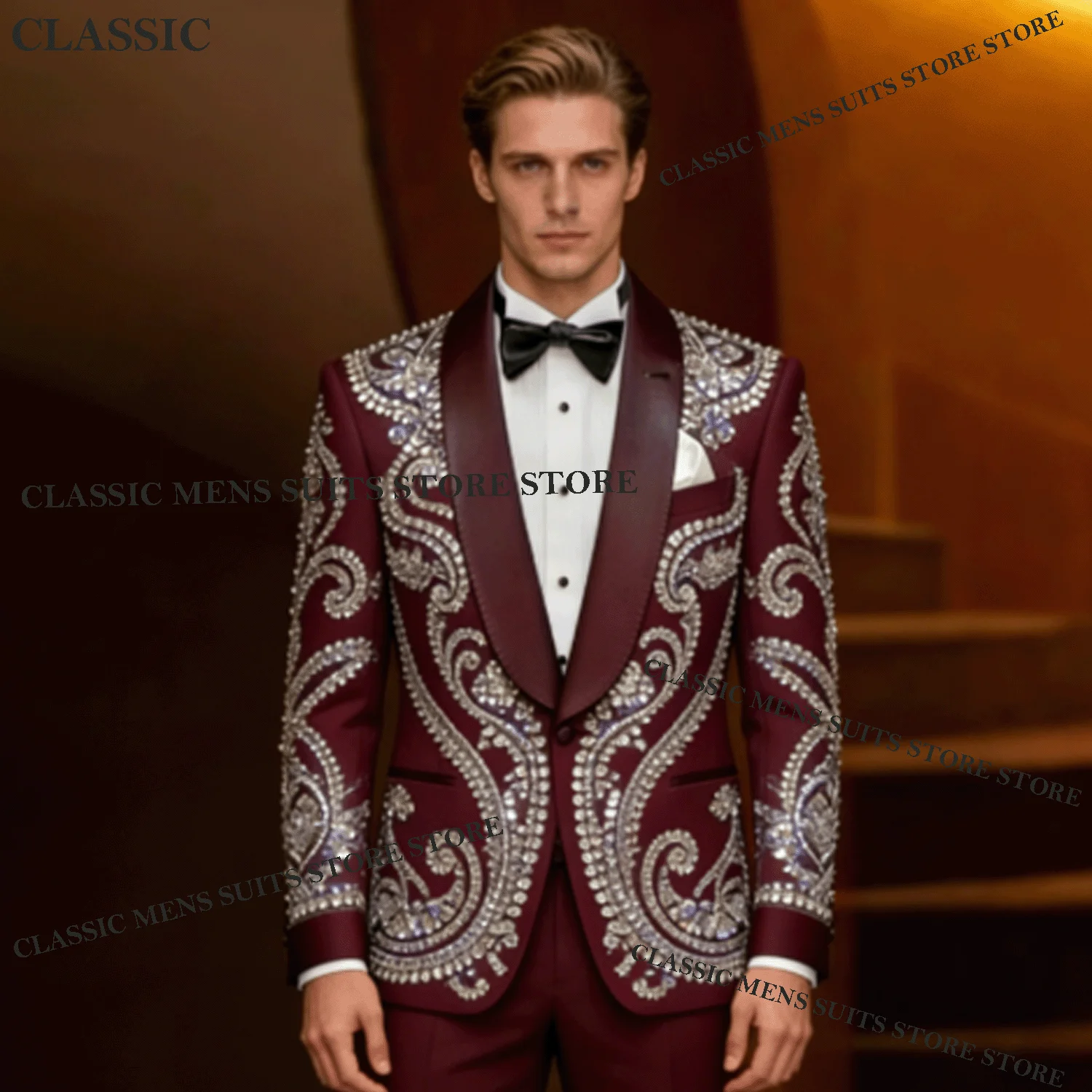 

High End Sequin Men Suits 2 Pieces Sets Male Party Blazers Intricate Groom Wedding Tuxedos Slim Crystal Costume Homme Customized