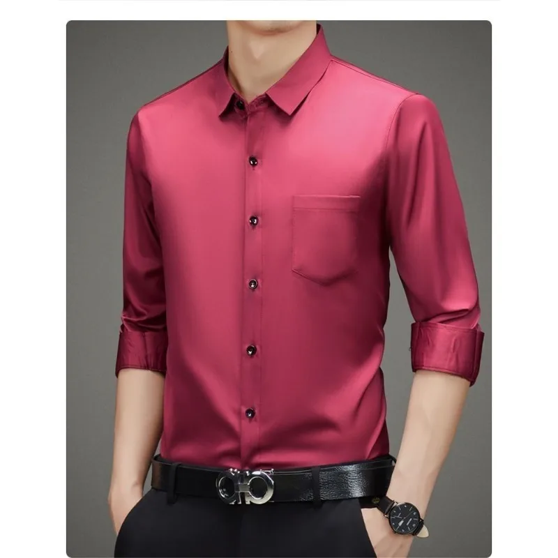 100% Mulberry Silk Shirt Men High Quality Long Sleeve Pocket High-end Business Casual Elastic Anti-wrinkle Non-iron Mens Shirts