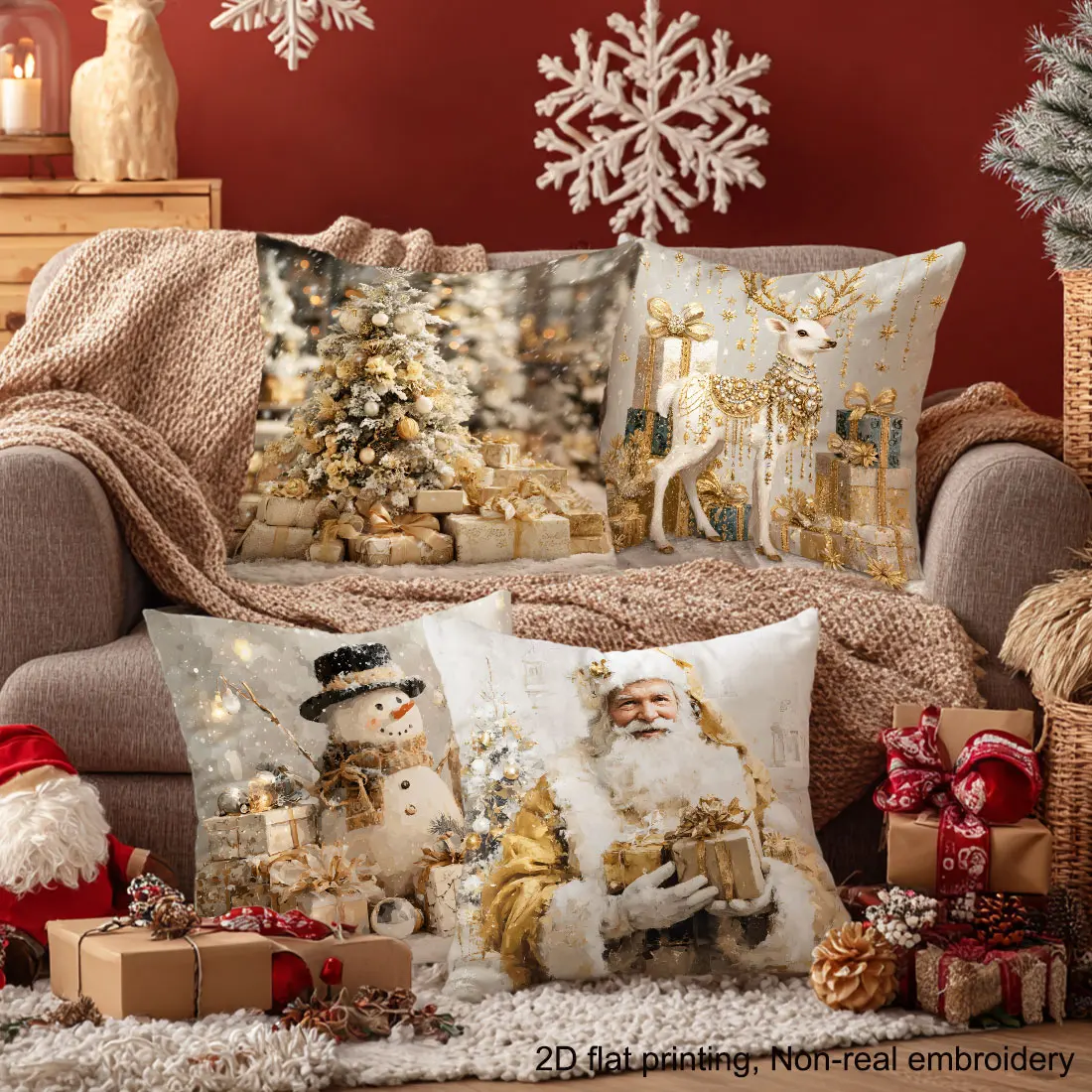 45cm Christmas Golden Throw Pillow Cover, Christmas Tree, Santa Claus, Reindeer, Gifts Design for Christmas Home Sofa Decor