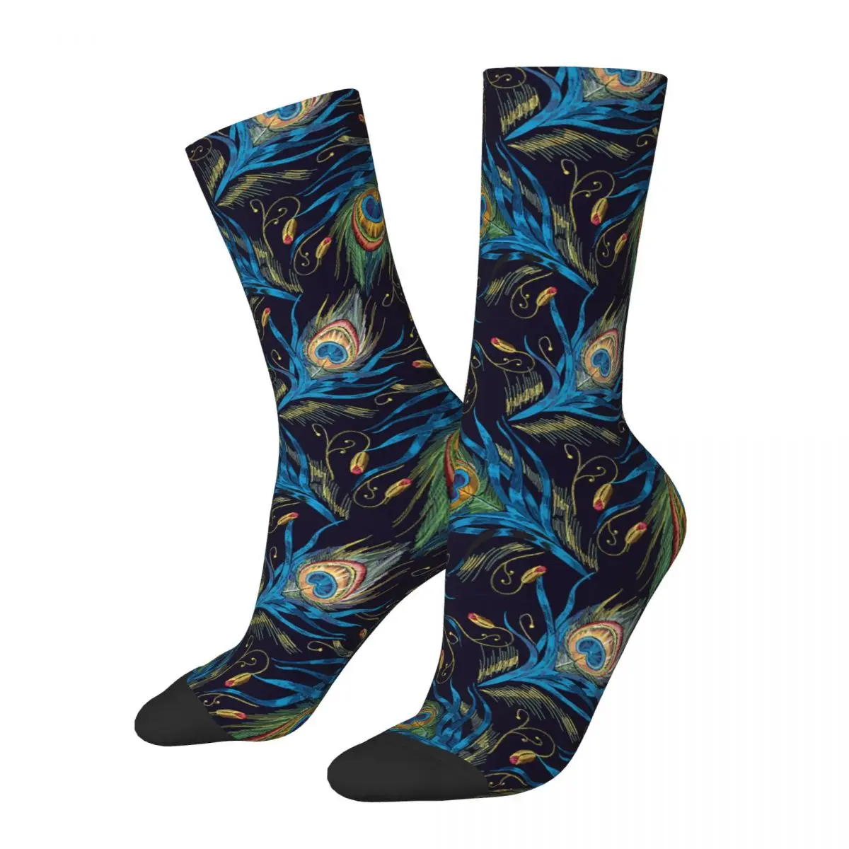 

Embroidery Peacocks Socks Men's Women's Polyester Casual Blue Feathers Socks Novelty Spring Autumn Winter Middle Tube Socks Gift