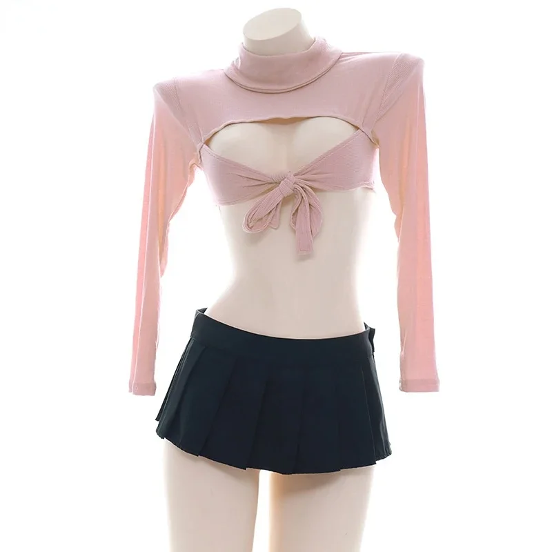 

New Women Office Lady High Neck Knit Long Sleeve Pajamas Unifrom Costume Anime Lolita Girl Pink Hot Lingerie Cosplay