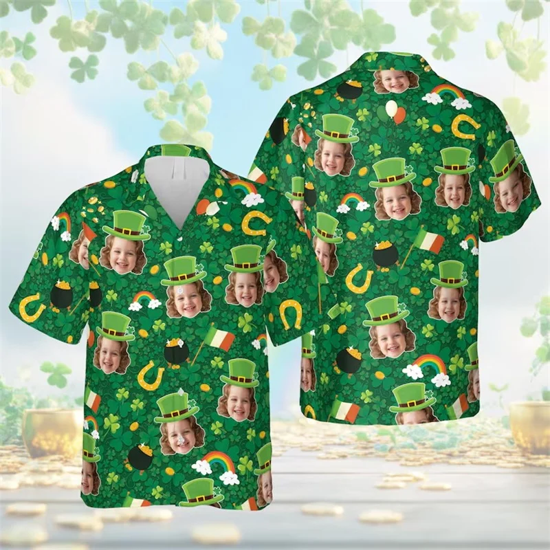 

St Patrick's Day Shamrock Personalized Faces Hawaiian Shirt For Men Casual Short Sleeve Beach Shirt Custom Photo Green Shirt