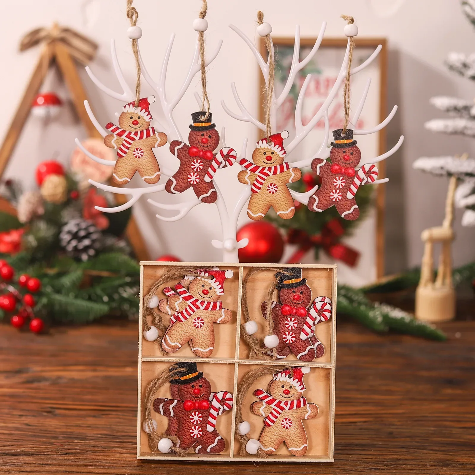 12pcs Christmas Wooden Gingerbread Man Ornaments Merry Christmas Decoration Xmas Tree Hanging Pendant Navidad Gift New Year Noel