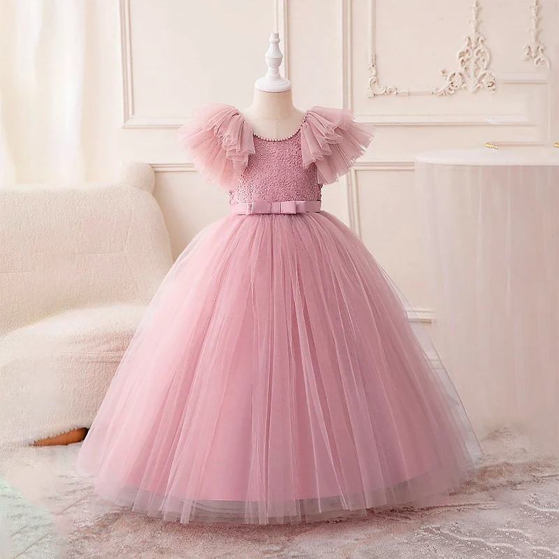 2024 Elegant Princess Lace Dress for Kids Flower Lace Dresses 3-8Yrs Girl Banquet Children Wedding Birthday Party Pink Ball Gown