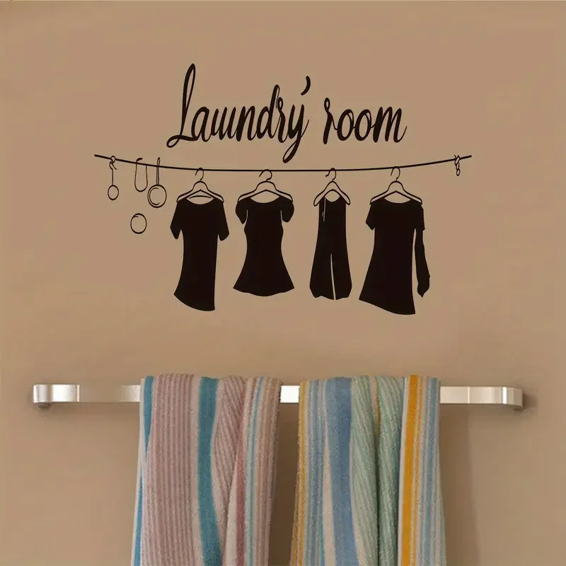 Black 'Laundry Room' Wall Decal with Clothes Hanging Design - Removable, Reusable Sticker for Kitchen & Living Room Decor, Moder