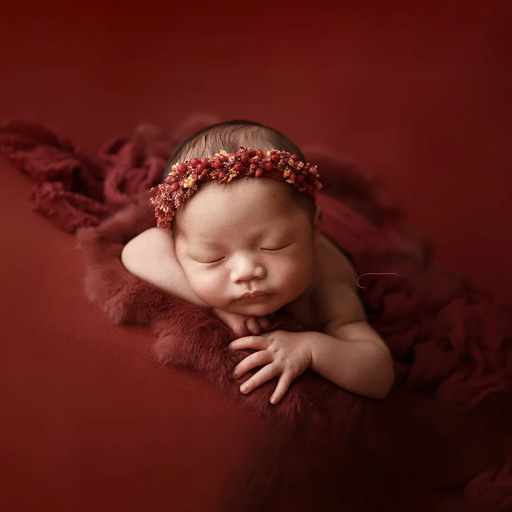 0-1 Month Newborn Photography Props Soft High Stretch Wraps Headflower Rabbit Blanket Background Studio Photoshoot Red Theme Set