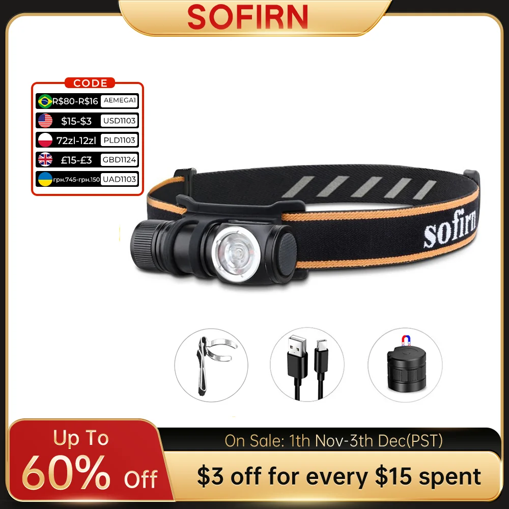 Sofirn HS10 USB C Rechargeable Mini 16340 Headlamp 1100lm 90CRI Angle Flashlight TIR Optics with Magnet Tail 2 Groups