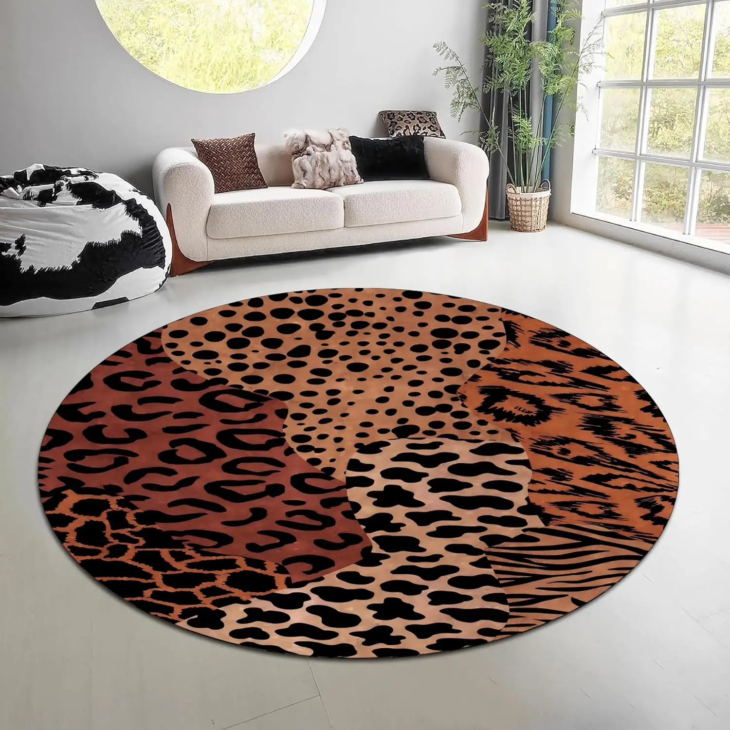 Leopard Zebra Print Round Rug Faux Animal Skin Patchwork Area Carpet Wild Safari Theme Luxury Living Room Bedroom Floor Cover