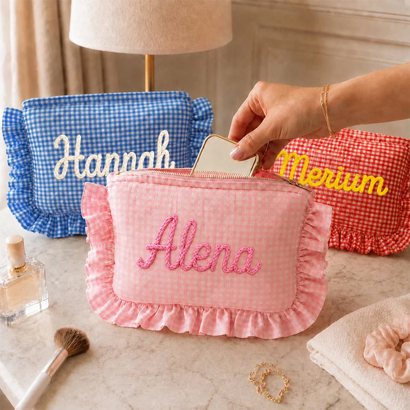 Preppy Makeup Bag with Name Personalized Custom Gingham Ruffle Pouch Coquette Gift for Friend Cosmetic Bag Back-to-School Gift