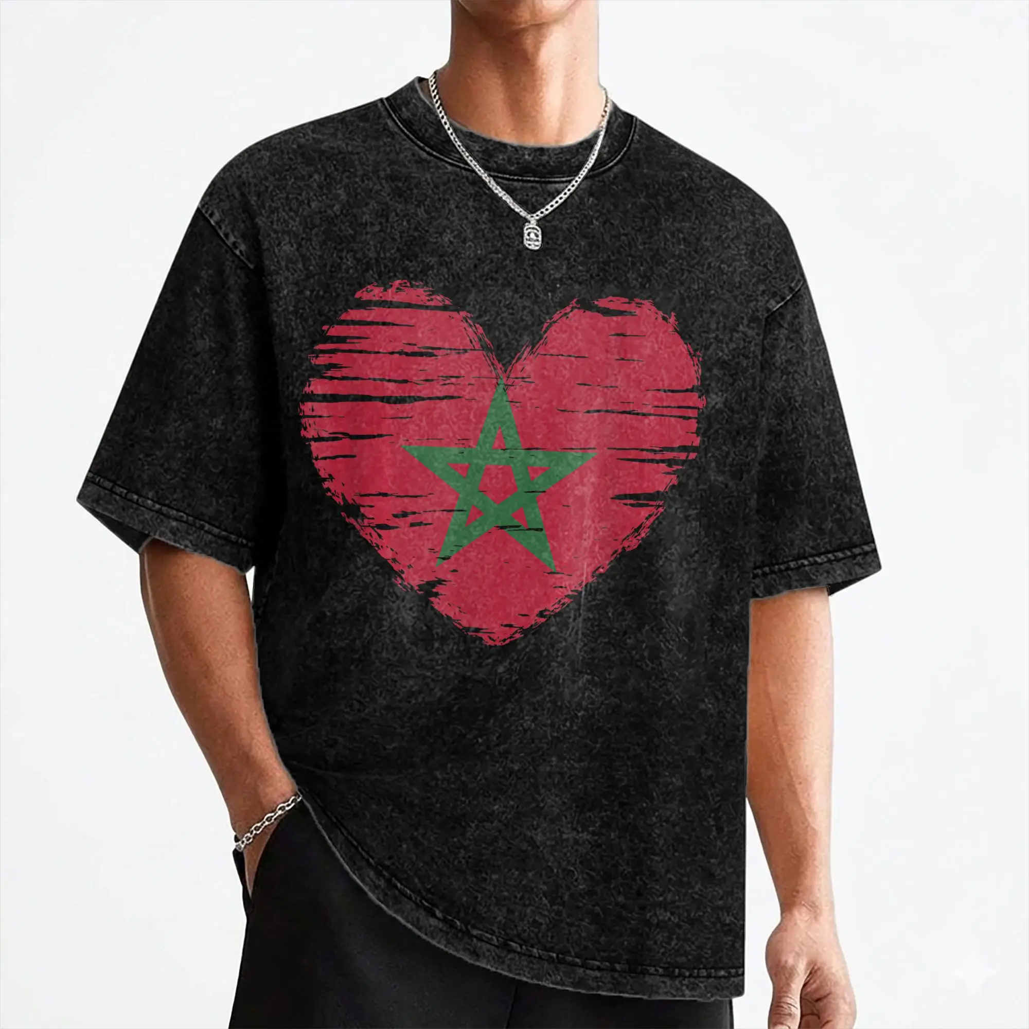 Washed T Shirt Morocco Heart Moroccan Flag Hip Hop T-Shirt Oversize  Streetwear Cotton Printed Tops Tee Shirt for Men Women