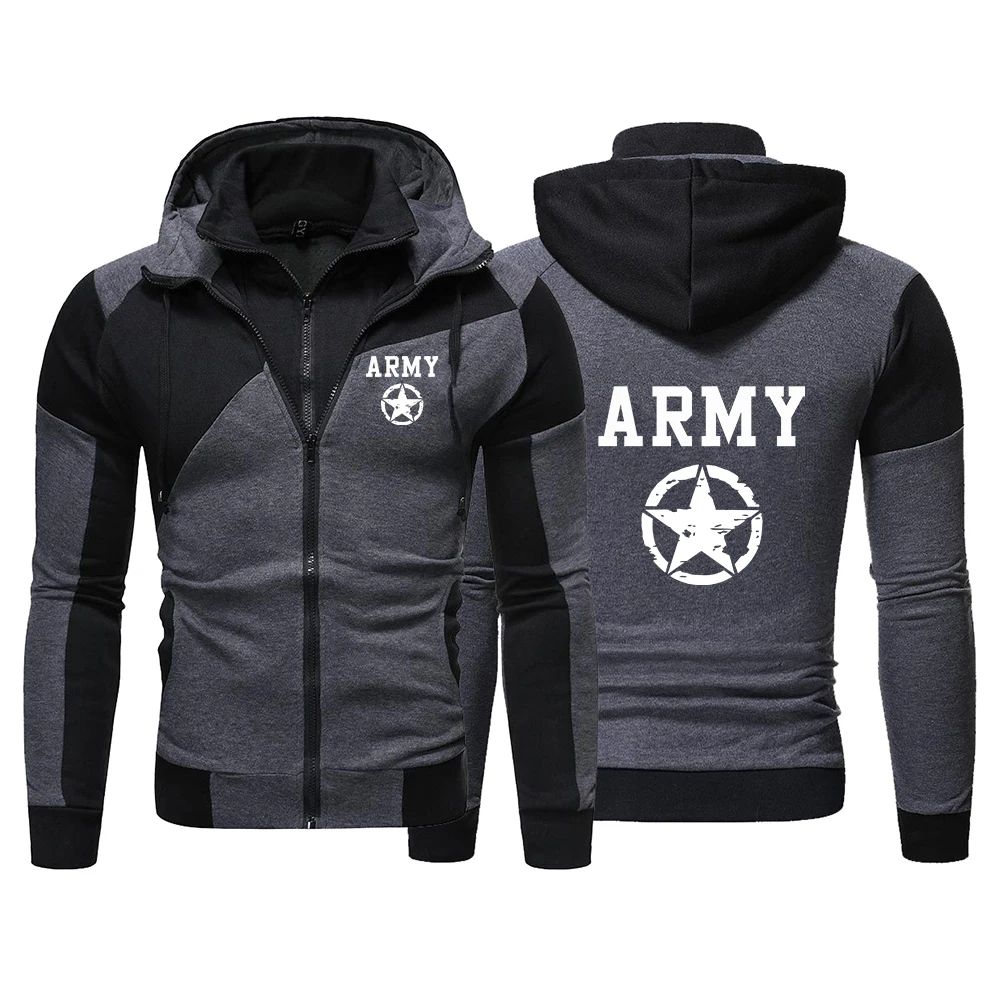 ARMY And Five Pointed Star Hot Sale Men's Hoodie Creative Diagonal Zipper Sweatshirts Autumn Male Daily Casual Sporty Jacket