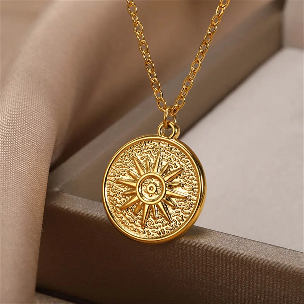 Vintage Sun Moon Stars Round Necklace For Women Gold Color Stainless Steel Chain Pendant Necklace Fashion Jewelry Birthday Gift