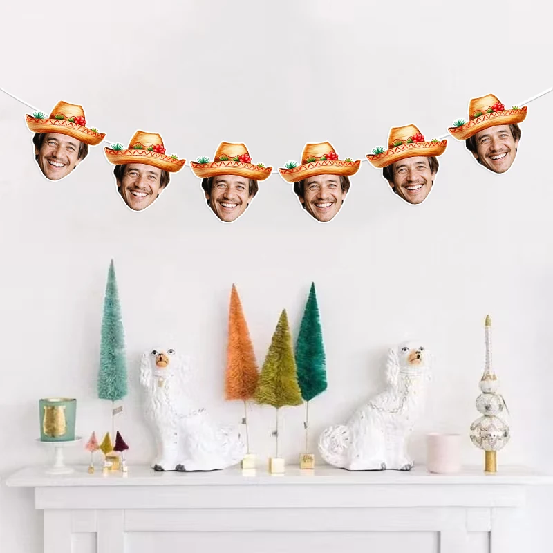 6/12Pcs Personalized Custom Photo Sombrero Hat Bunting Garland, DIY Custom Face Portrait Pendant Banner for Birthday Party Decor