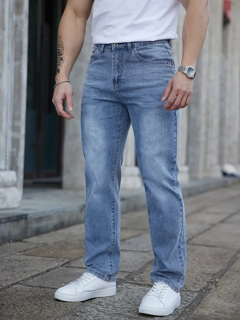 Лето 2022, тонкие мужские эластичные мешковатые джинсы с эластичной резинкой на талии и вышивкой, деловые повседневные прямые джинсовые брюки, классический стиль, мужские