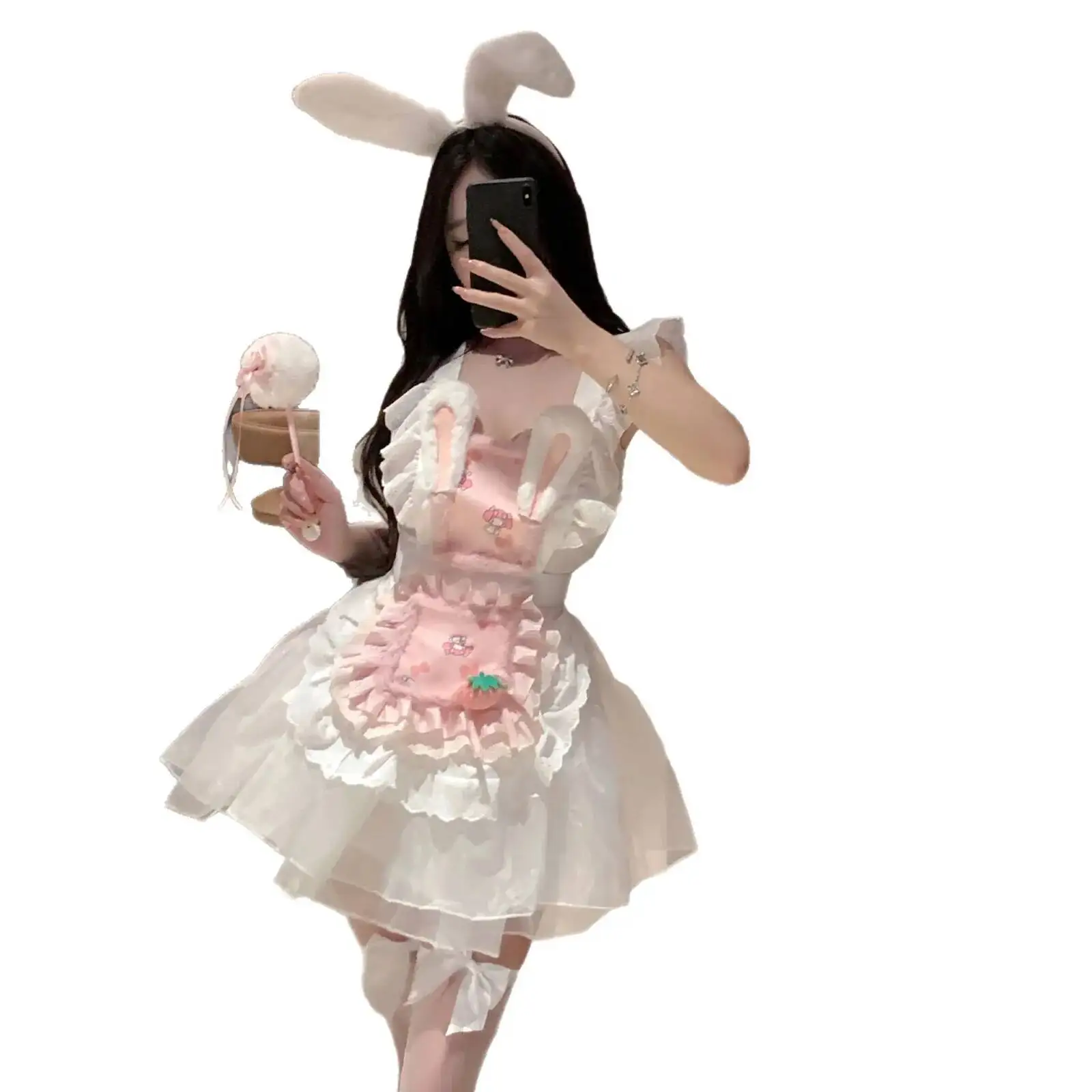 Sexy And Cute Bunny Maid Uniform Pure Desire Flirtatious Cook Outfit Fluffy Backless Deep V Suspenders Sleeveless Dress WVWW