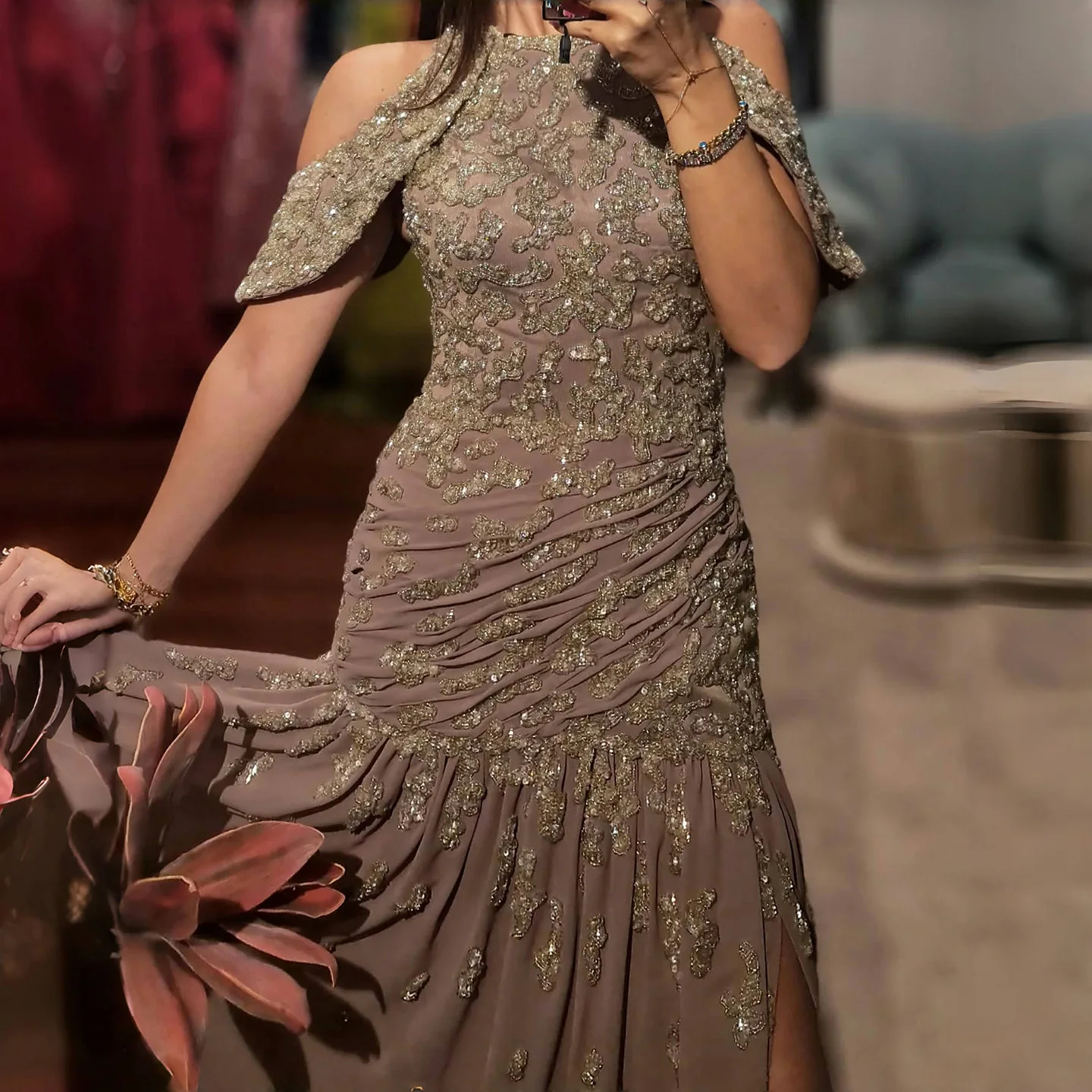 

Sharon Said Elegant Off Shoulder Mermaid Mauve Evening Dress for Women Wedding Luxury Beaded Formal Party Gowns SS559 Customized