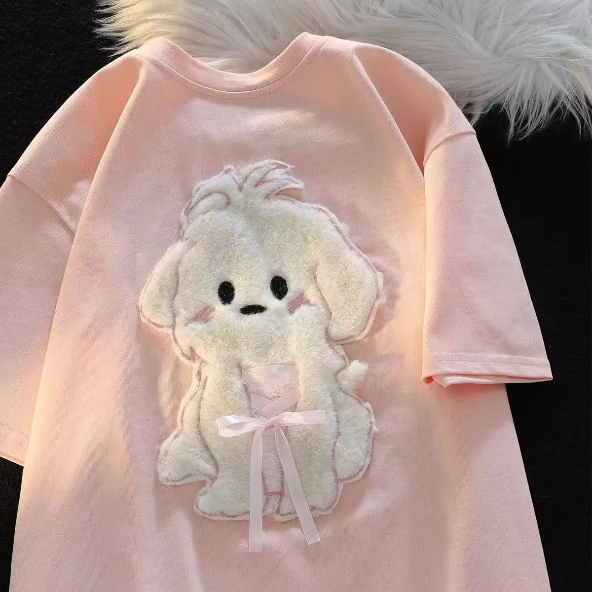 Kawaii Japan Furry Embroidery Puppy Cartoon T-shirts Korean Blue Pink Lolita Style Summer Tops Short Sleeve Loose Y2K Tops