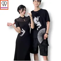 Matching Couple Hoodies Dress Lovers Clothes 2024 Summer Honeymoon Date Patchwork Sexy Mesh Print Retro Cotton Blends Dress