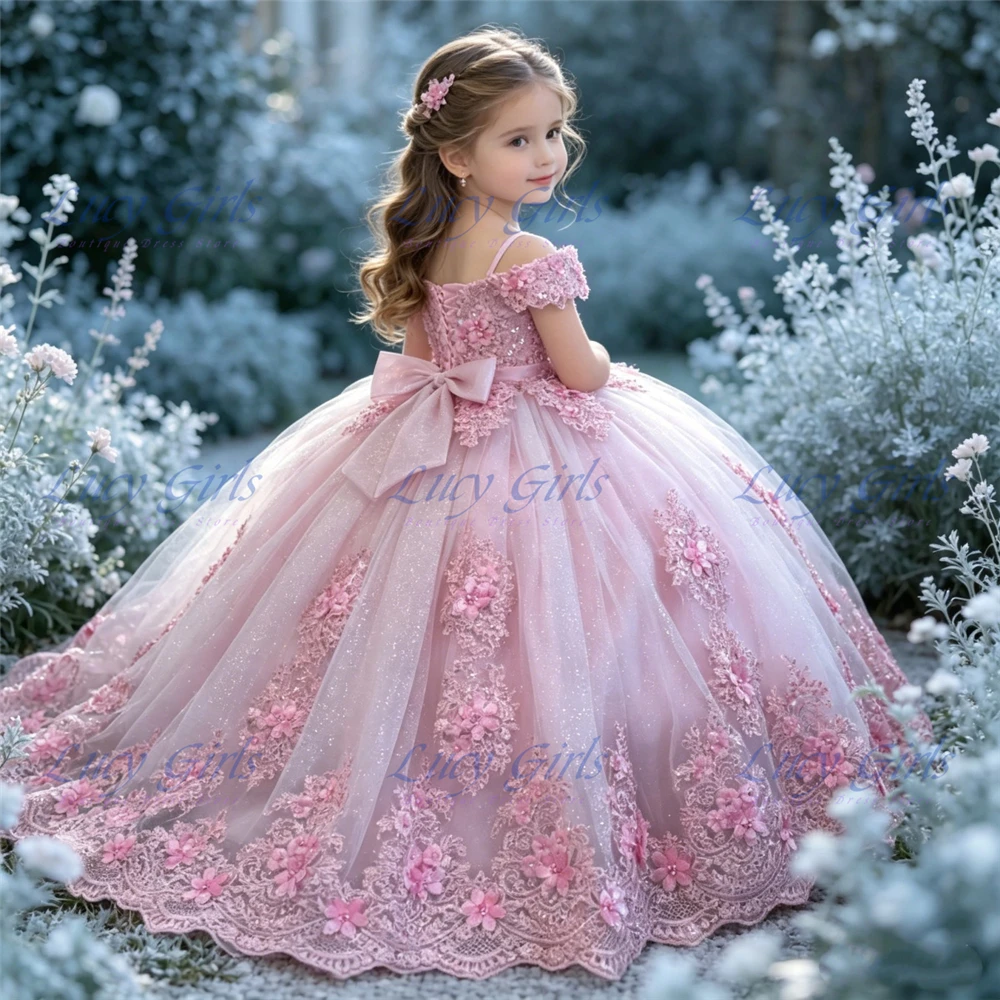 Luxury Quality Lace Applique Flower Girl Dress Tulle with Ruffles Sequin Girls Layered Ball Wedding Gowns for Girls with Bow