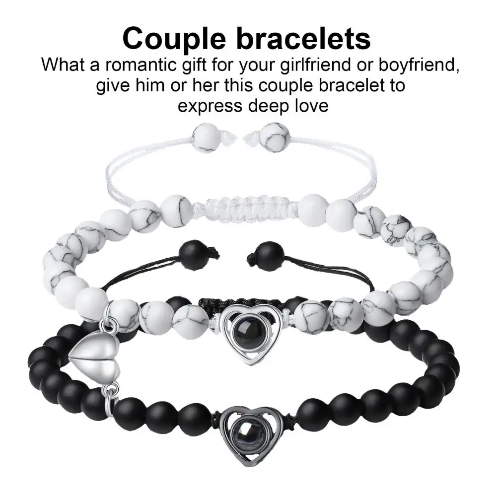 Couple Bracelets 2pcs His Her Matching Bracelets Set Adjustable Couple Jewelry Gift Heart Beads Pairing Bracelet with 100