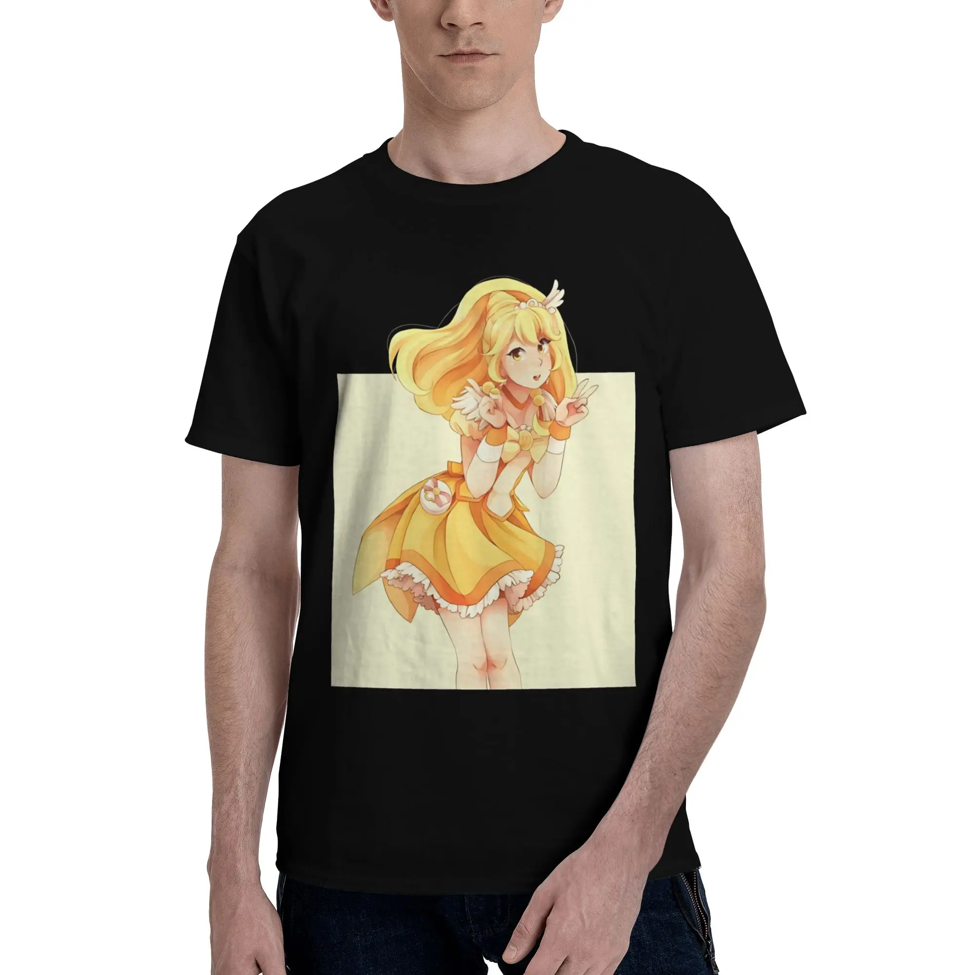 Cure Peace in Yellow  Graphic Funny 100% Cotton T-Shirt Bandai Pretty Cure Tops Tees For Men