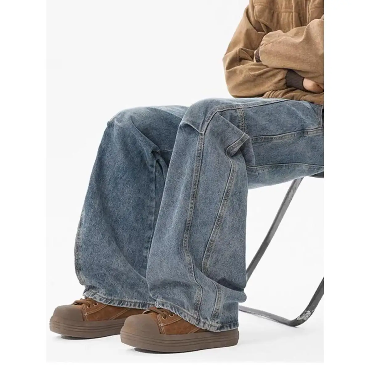 

American Retro High Street Distressed Denim Pants Straight Leg Micro Flare Spring Autumn Long Trousers Bamboo Pattern