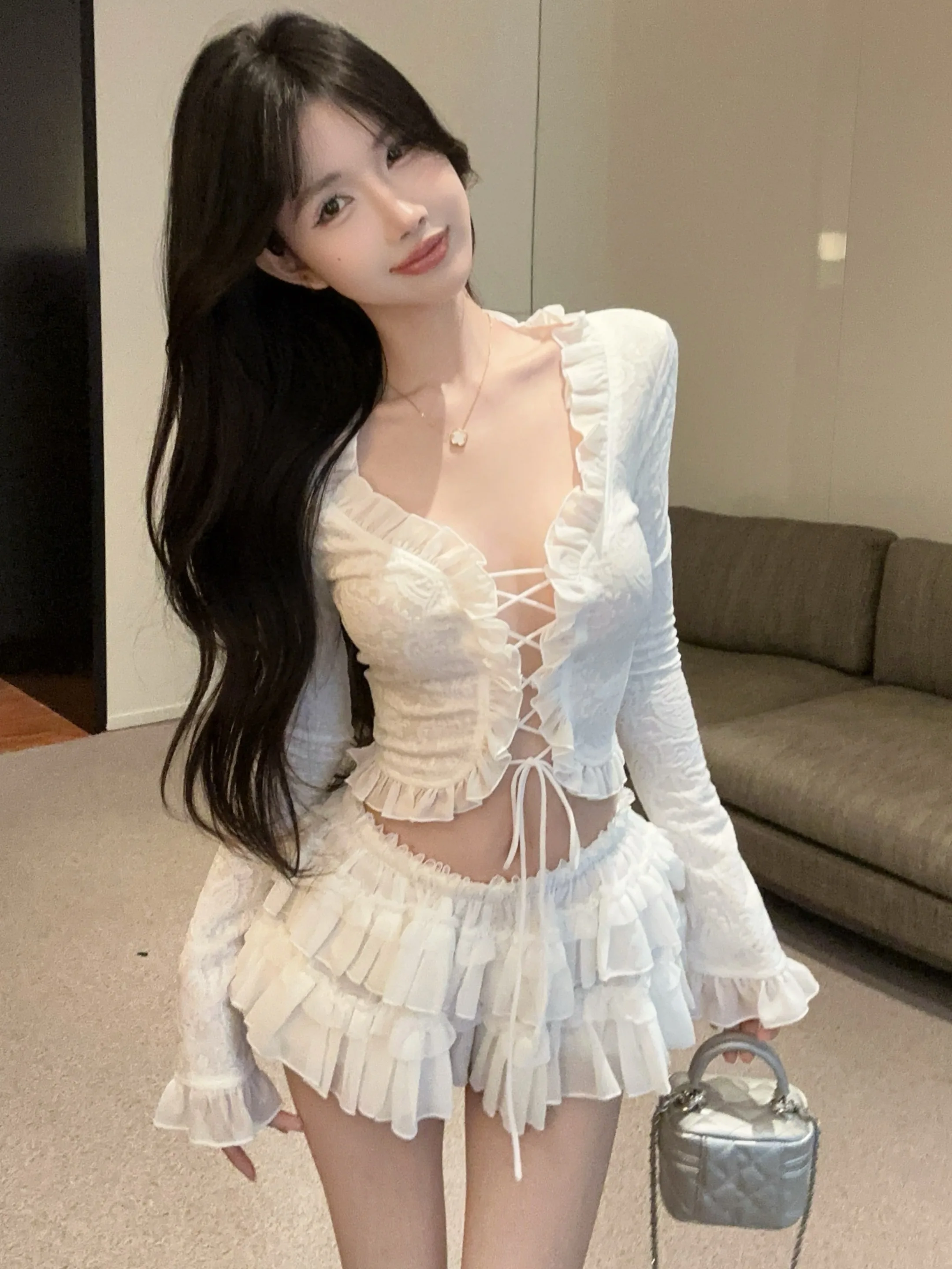 

Sexy Spicy Long Sve Lace Trim A-Line Skirt Two-Piece Set Women's Faion Spring Autumn Winter Pure Color V-Ne Cardigan