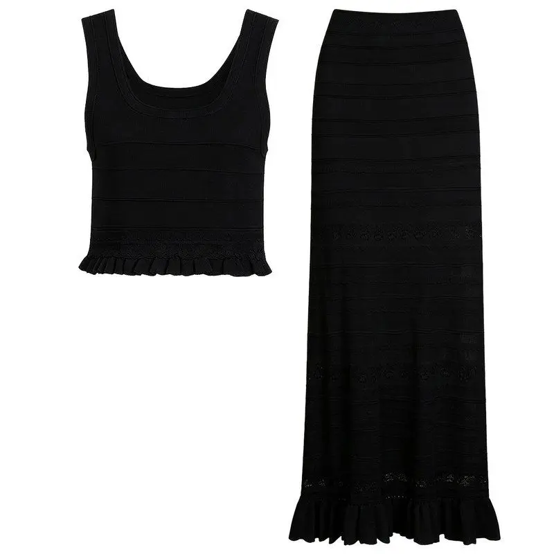 High Quality Summer New Style Knitted Vest Sleeveless Top with Wooden  And Mid-Length Half Skirt Two-Piece Fashion Set fo...
