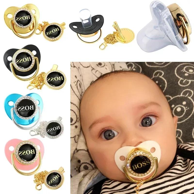 Letter Print Baby Pacifier with Chain Clip Newborn BPA Free Luxury Bling Pacifier Silicone Dummy Soother Chupeta 0-18 Months