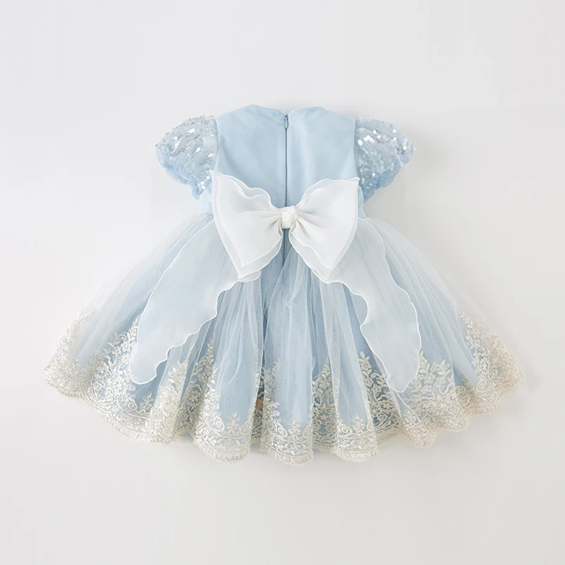 Dave Bella Pearl Embroidery Blue Gauze Back Bow Children\'s Dress  Princess Dress Party Dress DB2233966