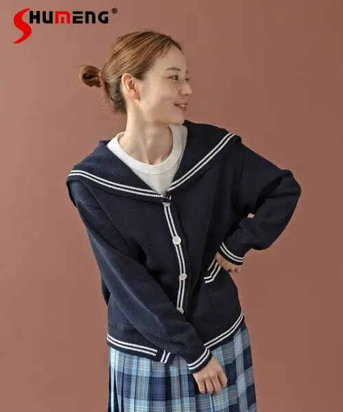

Japanese Style Fashion Sweet Knit Cardigan for Women Sweet Navy Collar Knit Jacket Lady Daily Casual Knit Top Spring and Autumn