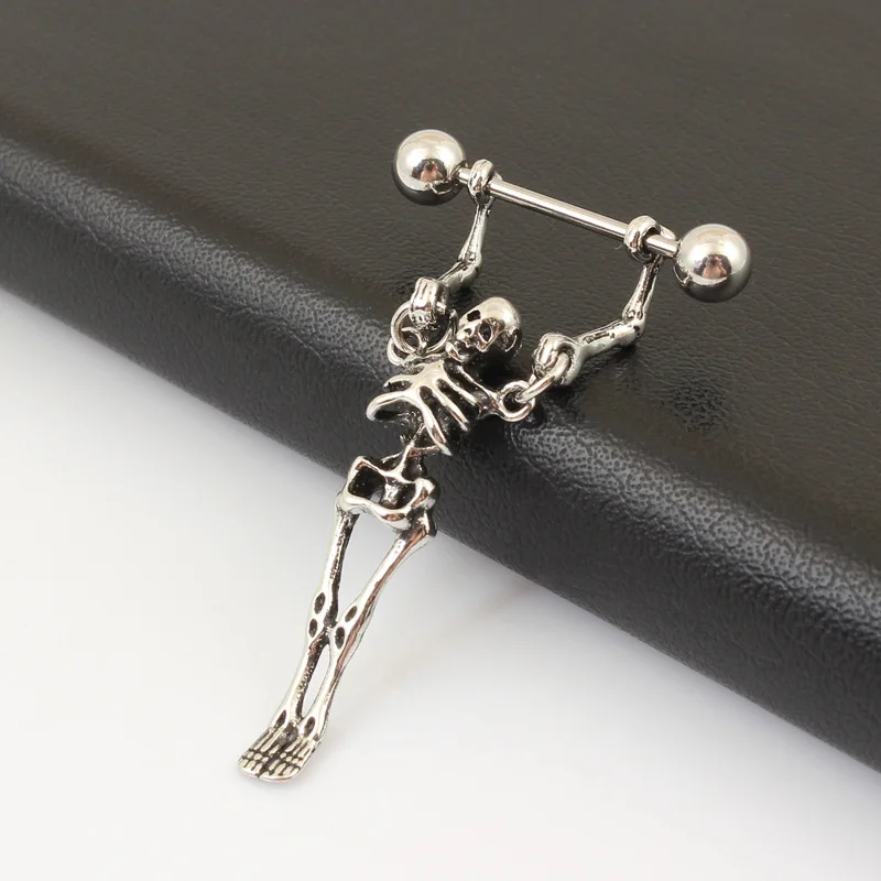Gothic Halloween Street Barbell Skeleton Human ShapedBarbell for Women Vintage Punk Barbell Pierced Skull Earring Jewelry