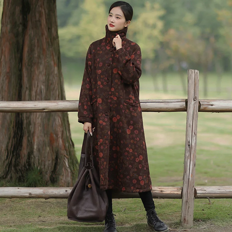 Pastoral Temperament Small Lapel Cotton Linen Single Breasted Long Coat Women's Winter Coat Loose Mother Plus Fleece Thick Coat