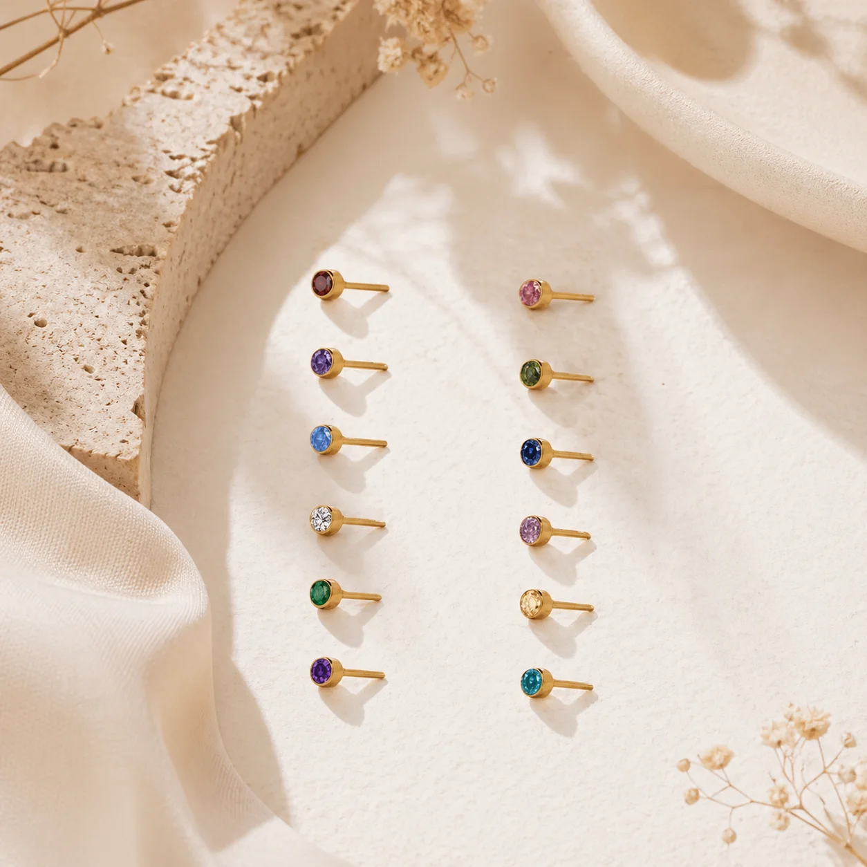 Trendy 12 Colors Birthstone Stud Earrings for Women Minimalist Round Zircon Small Gold Color Piercing Jewelry Birthday Gift New