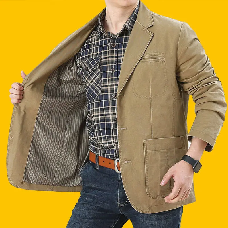 2025 Spring Autumn Blazer Jacket Men Casual Cotton Washed Coat Mens Blazer Suit Jackets Cargo Outerwear Plus Size Coats