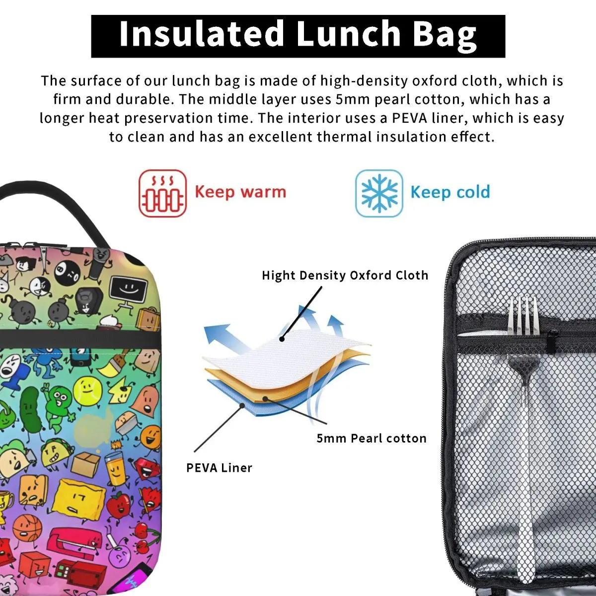 BFDI Inanimate الجنون قوس قزح معزول حقيبة الغداء معركة لجزيرة الأحلام الغذاء الحاويات قابلة لإعادة الاستخدام الحرارية برودة علب الاغذية