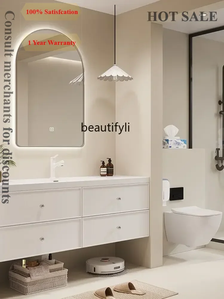 B567 Cream Style French Entry Lux Bathroom Cabinet Combination Stone Plate Seamless Whole Washbin Bathroom Table