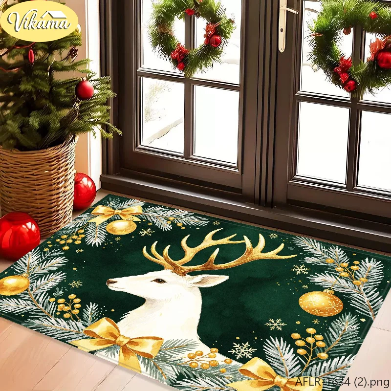 VIKAMA Affordable Luxury Reindeer Christmas Rug Non Slip Absorbent Indoor Outdoor Entryway Mat Washable Home Decor Festive