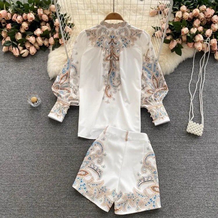 2 Piece Sets Womens Outfits Korean Women Clothing Long Sleeve Stand Neck Blouses High Waist Shorts Suit Retro Floral Summer Set