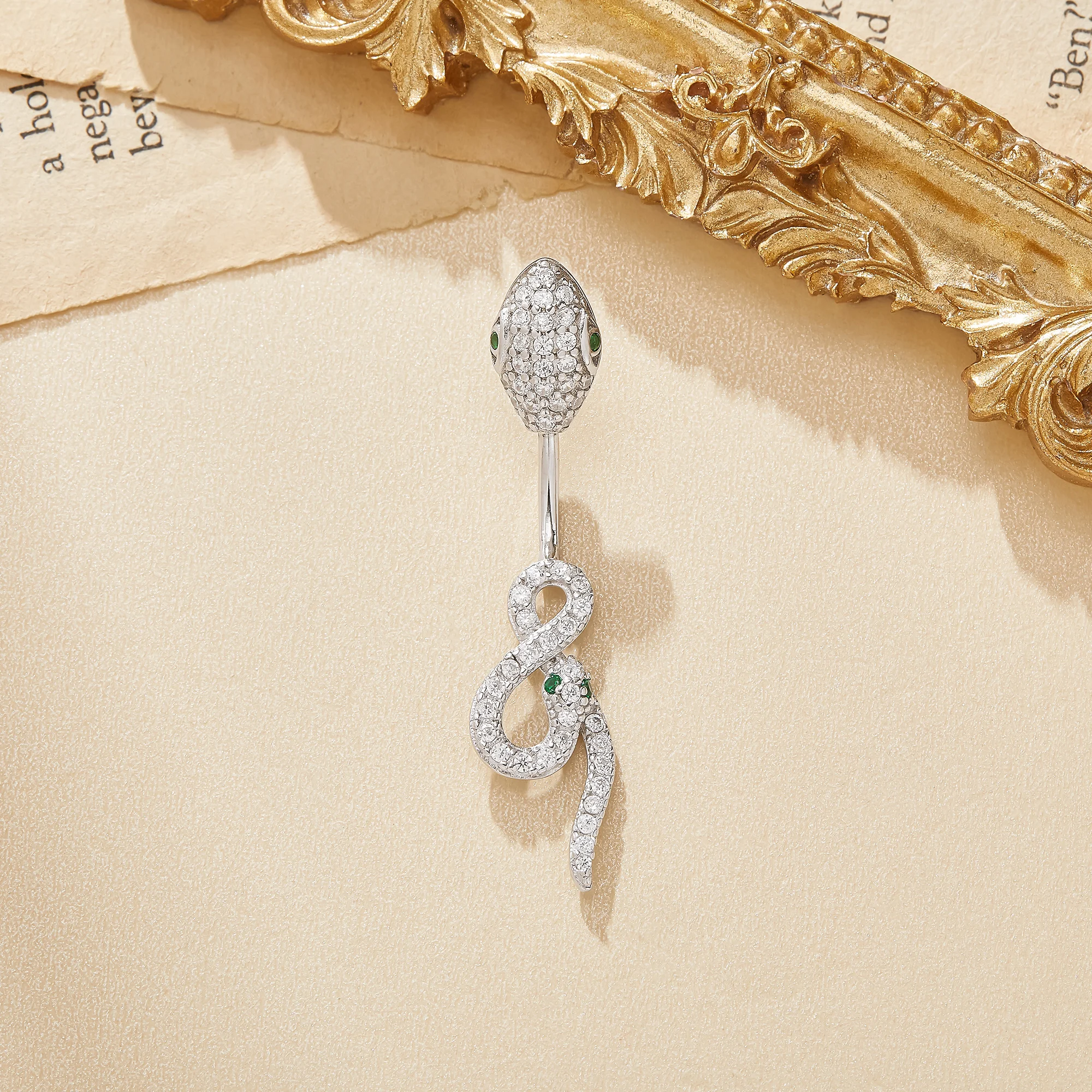 Sparkling Snake Green Eye Solid 925 Sterling Silver Belly Button Ring Body Piercing Jewelry Navel Bar Curved Barbell 6710041