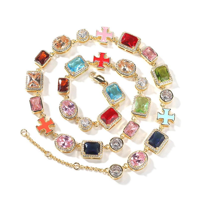 

Hip Hop Colorful CZ Stone Bling Iced Out Square Round Cross Tennis Link Chain Choker Necklaces for Men Women Rapper Jewelry