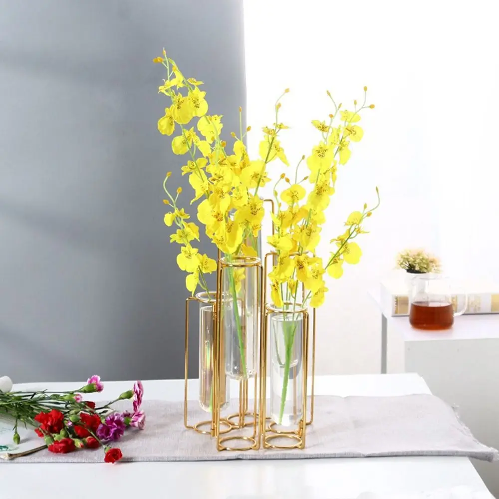 Creative Glass Vase Hinged Metal Stand Hanging Flower Holder Tube Vase Party Wedding Decor Home Decoration Garden Supplies