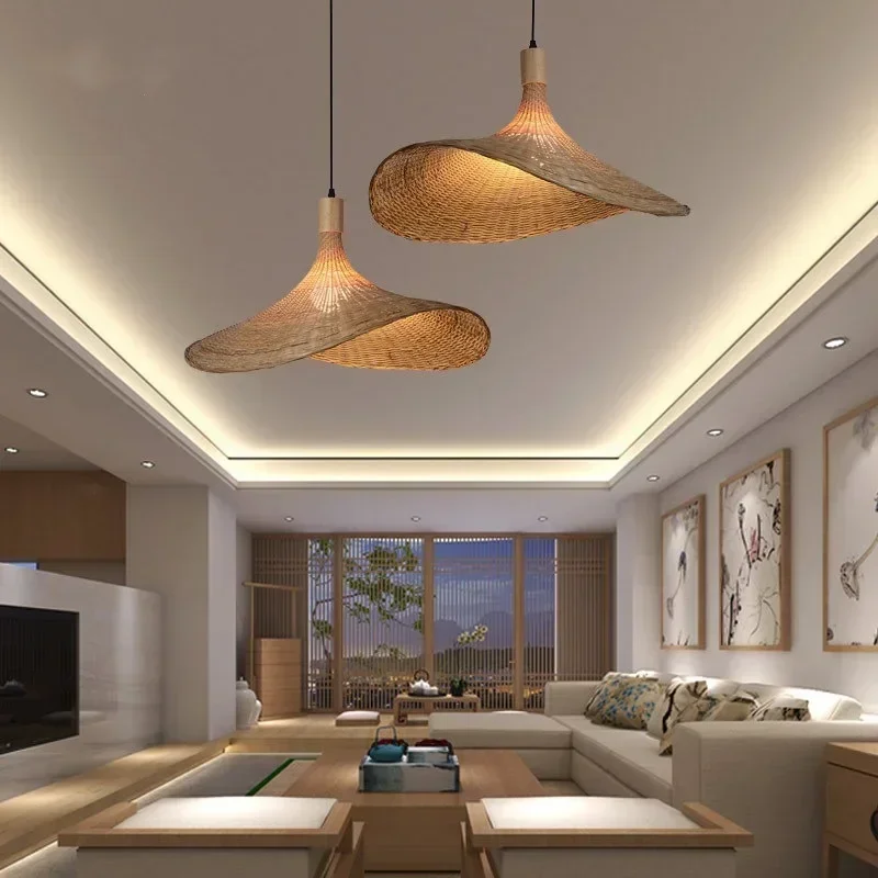 Bamboo woven chandelier New Chinese tea room rattan art Southeast Asian lamp straw hat lamp bamboo art lamp
