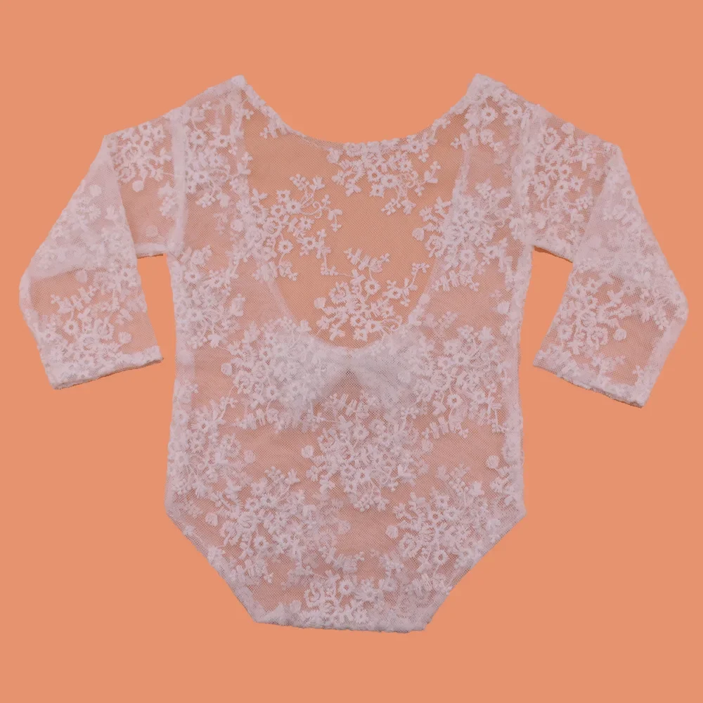 Newborn Photography Clothing Boys and Girls Cotton Thread Embroidered Flower Long Sleeve Romper White/Off White Lace Bodysuit