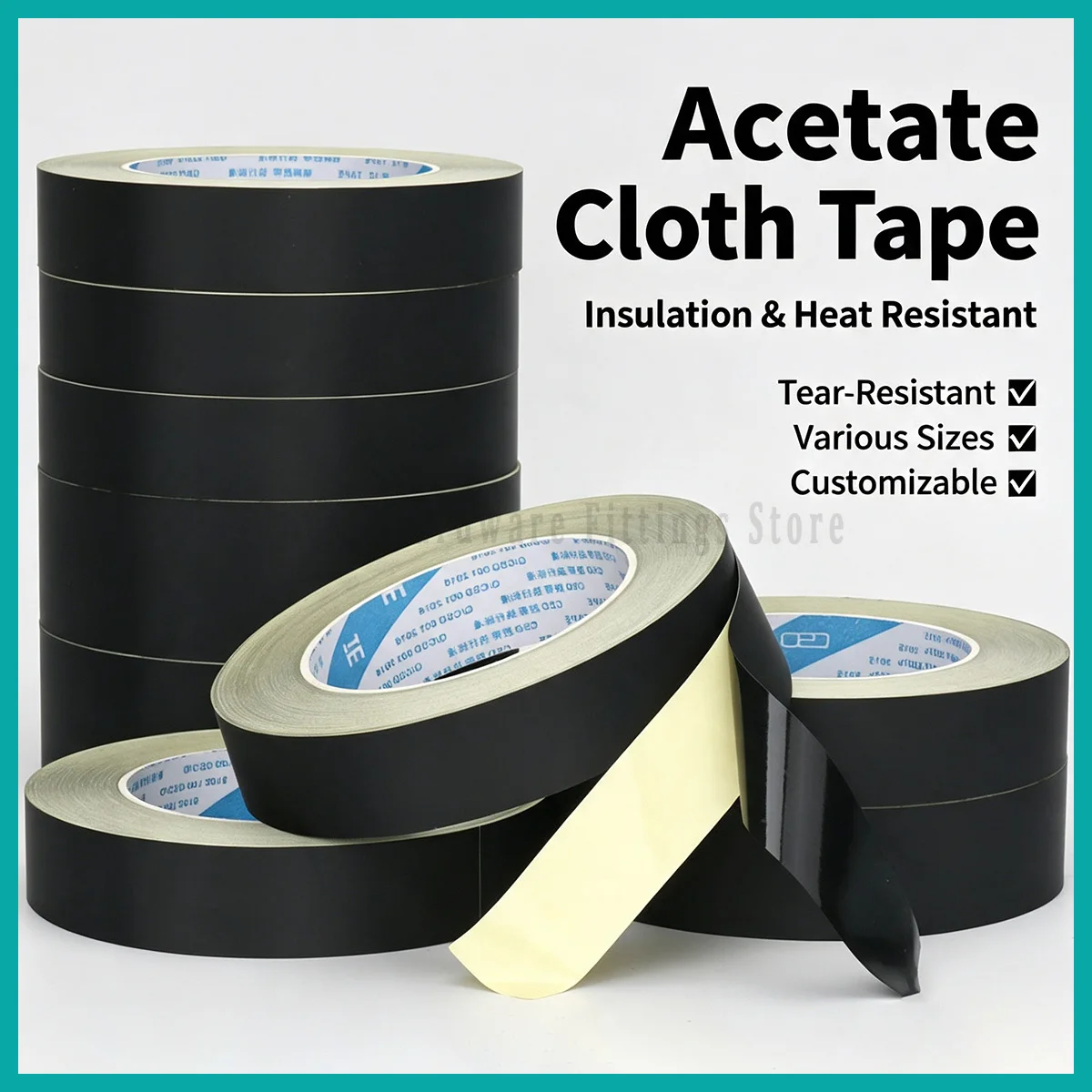 Black Acetate Cloth Tape Fine Stripe High Temp Resistant Insulation Adhesive for Automotive Wire Harness LCD Electronics Repair