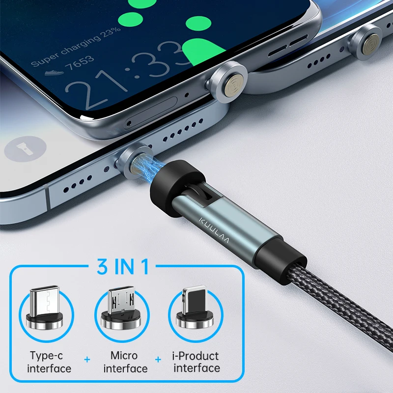 KUULAA 3 in 1 Magnetic Cable 540° Rotate Fast Charging Magnet Charger Micro USB Type C Cable Mobile Phone Cord For iPhone Xiaomi