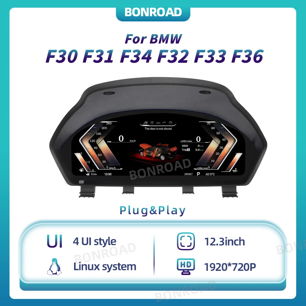 12.3'' Bonroad 1920*720P Linux Digital Instrument Cluster For BMW F30 F31 F34 F32 F33 F36 Car Dashboard Speedometer Display