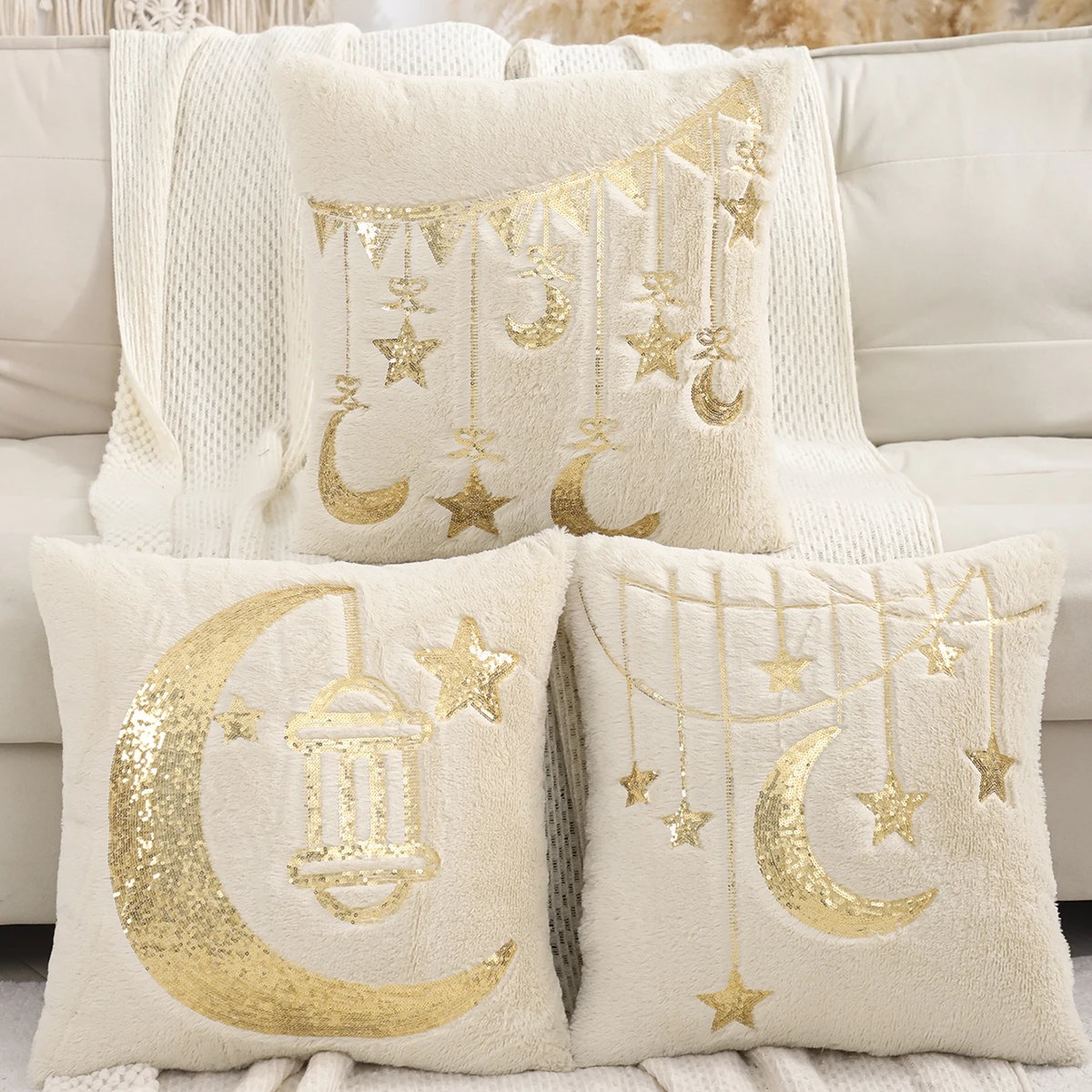 1 PC Gold Ramadan Decorative Pillow Cover Embroidery Sequin Plush Crescent Moon Stars Islamic Muslim Gift Eid Living room Sofa