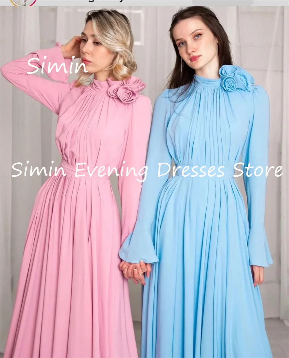 Simin-Vestido A de cetim feminino, decote em O, flores plissadas, Formal, Luxo, vestido de formatura, até o chão, noite, elegantes vestidos de festa, 2023